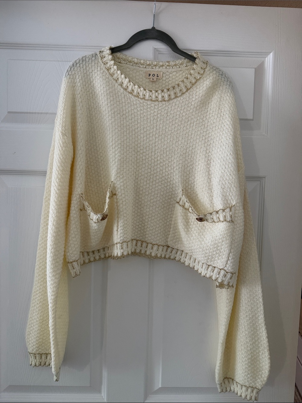 POL Cream Cropped Knit Sweater with Pocket Accents